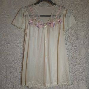 Vintage 1970s Nylon Satin Top Lingerie Button Front Embroidered Floral Lace M